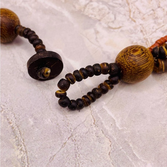 Multicolor Multi Strand Wood Beaded Necklace with Mosaic Mother of Pearl Pendant - Picture 7 of 7